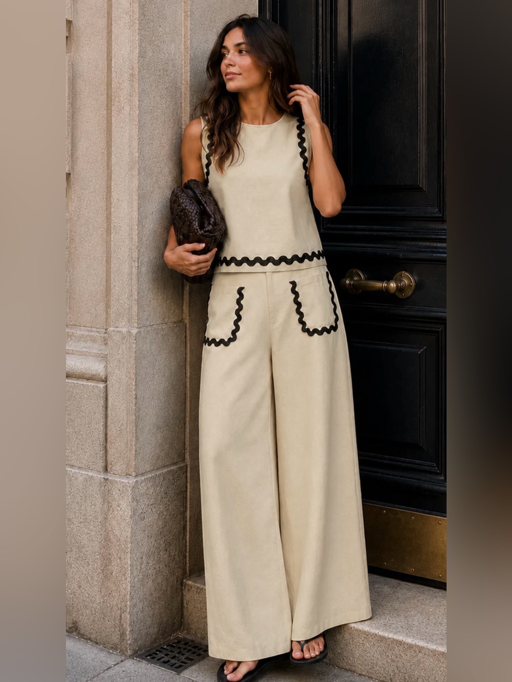 #302 Cotton Linen Scallop Trim Two Piece Pants Set